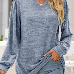 V Neck Plain Casual Loose T-Shirt, T-Shirts, color:Blue|size:XXL, JustFashionNow
