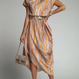 One Shoulder Regular Fit Abstract Urban Midi Dress With No Belt, Midi Dresses, color:As Picture|size:XXL, Stylewe