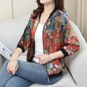 Long Sleeve Floral Zipper Regular Micro-Elasticity Loose Bomber Jacket For Women 2023, Jackets, color:Red|size:5XL, Noracora