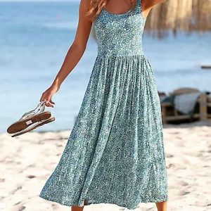 Crew Neck Vacation Sleeveless Knitting Dress, Maxi, color:Green|size:XXL, Noracora