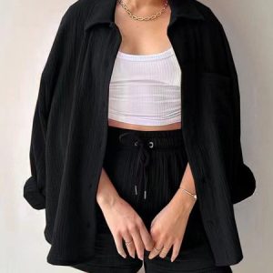 Woman Breathable Cotton Linen Pleated Shirt Shorts Two-Piece Set, Suit Set, color:Black|size:XXL, JustFashionNow