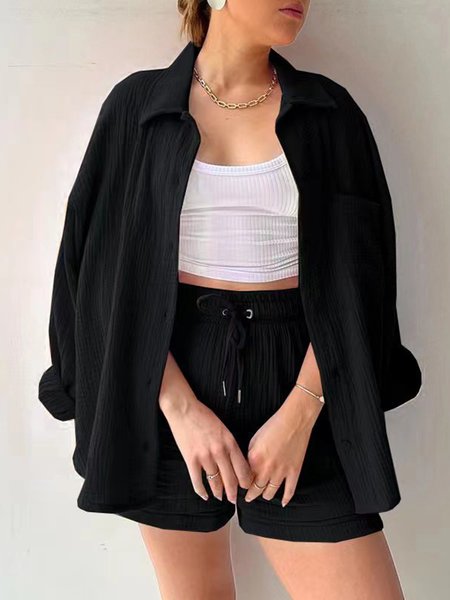 Woman Breathable Cotton Linen Pleated Shirt Shorts Two-Piece Set, Suit Set, color:Black|size:XXL, JustFashionNow