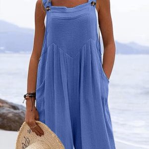 Buttoned Loose Linen Cotton Bib Pants, Jumpsuits＆Rompers, color:Blue|size:XXL, JustFashionNow