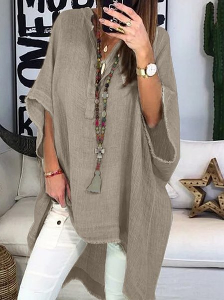 JFN V Neck Solid Hi-Lo Basic Blouse, Shirts & Blouses, color:Gray|size:5XL, JustFashionNow