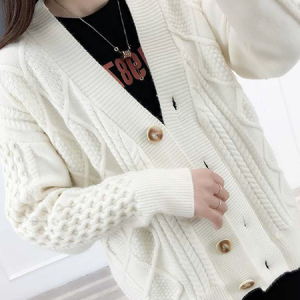 Women Wool/Knitting Plain Long Sleeve Comfy Casual Buckle Cardigan, Sweaters, color:Off White|size:4XL, Noracora