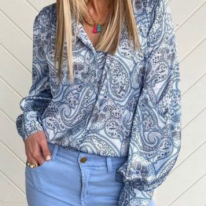 Paisley Loose Shirt Collar Boho Blouse, Shirts & Blouses, color:Blue|size:XXL, JustFashionNow