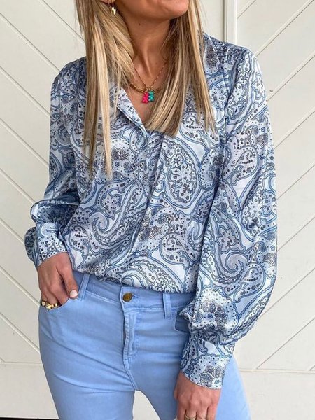 Paisley Loose Shirt Collar Boho Blouse, Shirts & Blouses, color:Blue|size:XXL, JustFashionNow