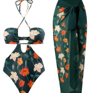 Elegant Ethnic Printing One Piece With Cover Up, Coverups, color:Dark Green|size:XL, Stylewe