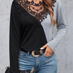 Casual Contrast Stitching Crew Neck Long Sleeve T-shirt, T-shirts, color:Black|size:XL, Noracora