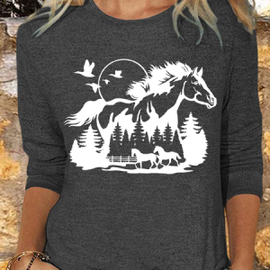 Women's Horse Lover Casual Crew Neck Cotton-Blend Shirt, color:Deep Gray|size:3XL, Lilicloth.com