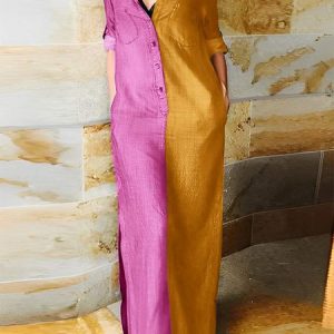 Casual Color Block Shirt Collar Maxi Dress With No Belt, Maxi Dresses, color:Deep Pink|size:XXL, Stylewe