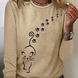 Women's Cat Walk Paw Print Letters Casual Top, color:Apricot|size:3XL, Lilicloth.com