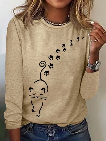 Women's Cat Walk Paw Print Letters Casual Top, color:Apricot|size:3XL, Lilicloth.com