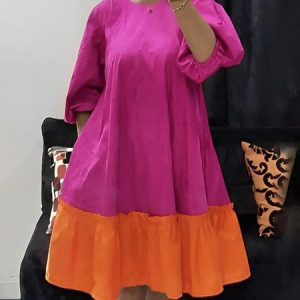 Crew Neck Urban Color Block Regular Fit Dress, Mini Dresses, color:Rose Red|size:XXL, Stylewe