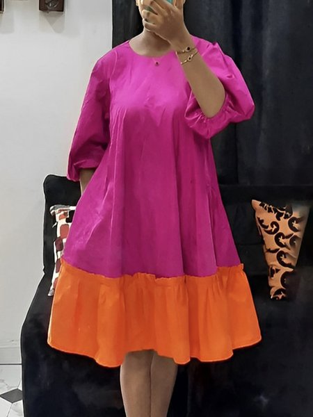 Crew Neck Urban Color Block Regular Fit Dress, Mini Dresses, color:Rose Red|size:XXL, Stylewe