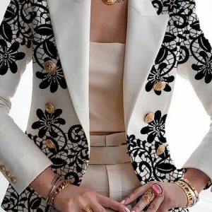 Regular Fit Floral Print  Urban Lapel Collar Buttoned Blazer, Blazers, color:White|size:XXL, Stylewe