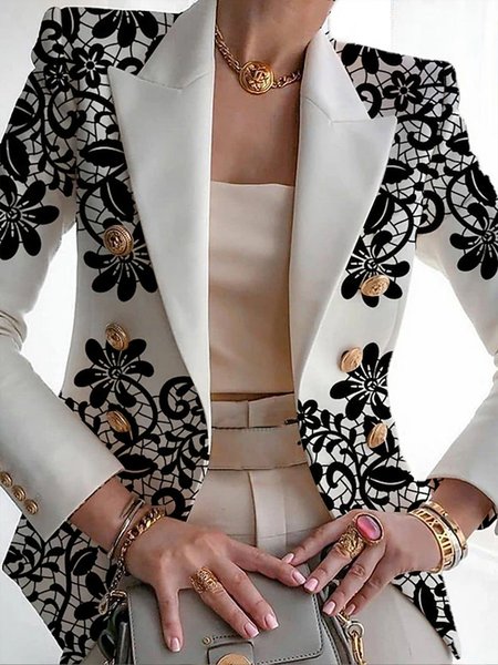 Regular Fit Floral Print Urban Lapel Collar Buttoned Blazer, Blazers, color:White|size:XXL, Stylewe