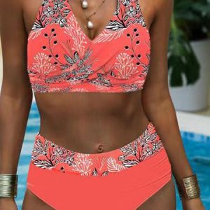 Vacation Polka Dots Printing V Neck Bikini, swimwear>>Bikini Sets, color:Red|size:3XL, JustFashionNow