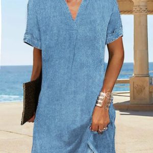 Plain Shirt Collar Casual Dress, Dresses, color:Blue|size:XXL, JustFashionNow