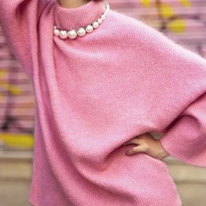 Urban Plain  Stand Collar Loose Sweater, Sweaters, color:Pink|size:XXL, Stylewe