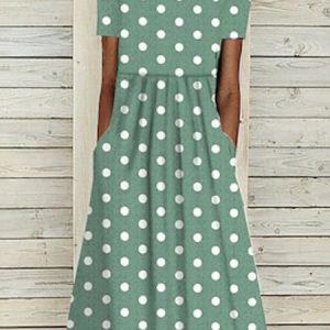 Crew Neck Casual Regular Fit Polka Dots Dress, Maxi, color:Green|size:XXL, Noracora