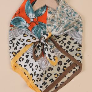 Leopard Print Flower Contrast Color Square Scarf Silk Scarf Shawl, Women Scarves & Shawls, color:Orange|size:One-size, JustFashionNow