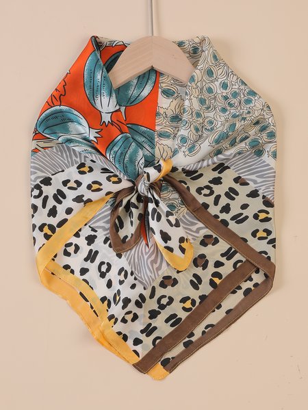 Leopard Print Flower Contrast Color Square Scarf Silk Scarf Shawl, Women Scarves & Shawls, color:Orange|size:One-size, JustFashionNow