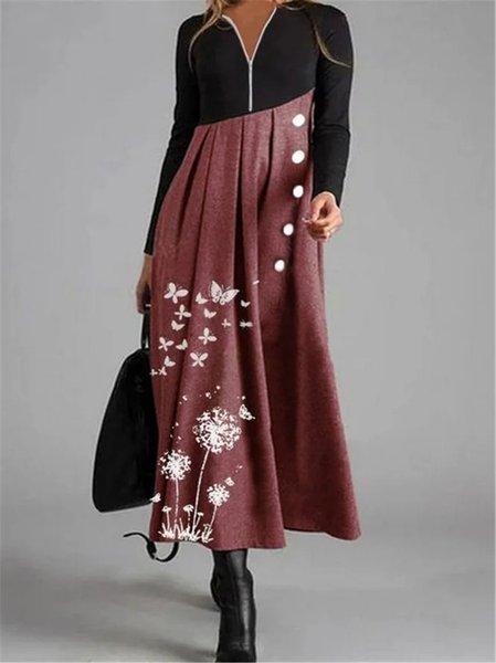 Floral Long Sleeve Shift Weaving Dress, Dresses, color:Burgundy|size:3XL, JustFashionNow