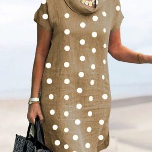 woman casual Cotton Loose Crew Neck Linen Dress, Midi, color:Khaki|size:XXL, Noracora
