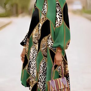 Long sleeve Loose Geometric Stand Collar Urban Dress, Midi Dresses, color:Green|size:XXL, Stylewe