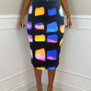 Regular Fit Micro-Elasticity Geometric Elegant Midi Skirt, Skirts, color:Black|size:XXL, Stylewe