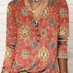 Boho V Neck Ethnic Floral T-Shirt, T-Shirts, color:Red|size:XXL, JustFashionNow