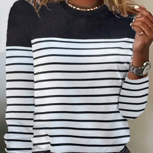 Plus size Casual Striped Crew Neck T-Shirt, TOPS, color:Black|size:4X, Noracora