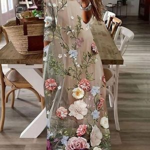 Women Floral Crew Neck Long Sleeve Comfy Casual Maxi Dress, Maxi, color:Khaki|size:4XL, Noracora