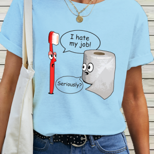 Women's Funny Saying I Hate Job Cotton Simple Loose T-Shirt, color:Light Blue|size:3XL, Lilicloth.com