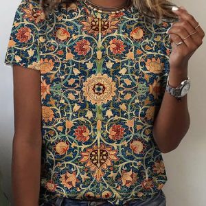 Casual Crew Neck Loose Ethnic T-Shirt, JustFashionNow T-Shirts, color:Multicolor|size:XXL,
