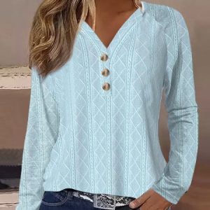 Textured Knitted V-Neck Button-Down Long-Sleeved Top, Shirts & Blouses, color:Blue|size:XXL, JustFashionNow