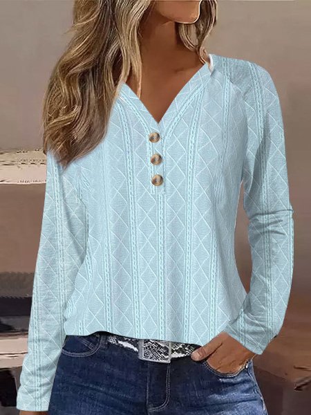 Textured Knitted V-Neck Button-Down Long-Sleeved Top, Shirts & Blouses, color:Blue|size:XXL, JustFashionNow