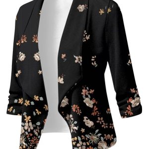 Casual Floral Shawl Collar Regular Fit Blazer, Blazers, color:Black|size:3XL, JustFashionNow