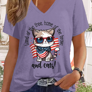 Women's Funny Word Cute American Cat 4th July Cat Lover Casual Cat T-Shirt, T-shirts, Lilicloth.com