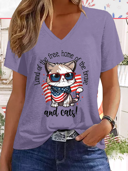 Women's Funny Word Cute American Cat 4th July Cat Lover Casual Cat T-Shirt, T-shirts, Lilicloth.com