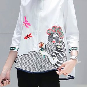 Long sleeve Figure Regular Fit Urban Stand Collar Blouse, Blouses and Shirts, color:White|size:XXL, Stylewe