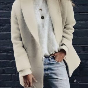 Women Winter Long Sleeve V Neck Striped Beige Woolen Blazer, Blazers, color:Beige|size:XXL, JustFashionNow