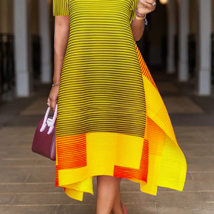 Crew Neck Short sleeve Elegant Color Block Loose Midi Dress With No Belt, Midi Dresses, color:Yellow|size:XXL, Stylewe