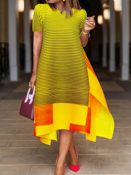 Crew Neck Short sleeve Elegant Color Block Loose Midi Dress With No Belt, Midi Dresses, color:Yellow|size:XXL, Stylewe