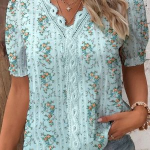 Plus Size V Neck Floral Casual Loose Shirt, Shirts & Blouses, color:Blue|size:4X, JustFashionNow