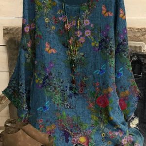 Crew Neck Three Quarter Sleeve Floral Pattern Pullover Slit Regular Loose Shirt For Women 2023, Blouses, color:Dark Blue|size:XXL, Noracora