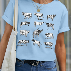 Women’s Cow Farm Animal Casual Cotton T-Shirt, color:Light Blue|size:3XL, Lilicloth.com