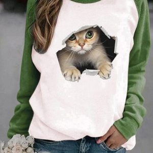 Loose Cat Casual Crew Neck Sweatshirt, Sweatshirts & Hoodies, color:Green|size:3XL, JustFashionNow