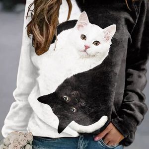 Women YinYan Cat Crew Neck Cotton-Blend Casual Sweatshirt, Sweatshirts & Hoodies, color:Black|size:3XL, JustFashionNow